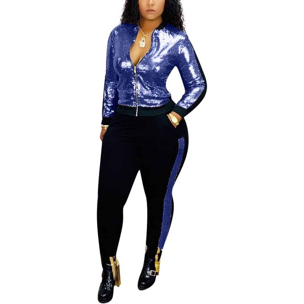 Bling Glam Women's 2-Piece Glitter Sequin Tracksuit - Sparkle in Blue, Size S
